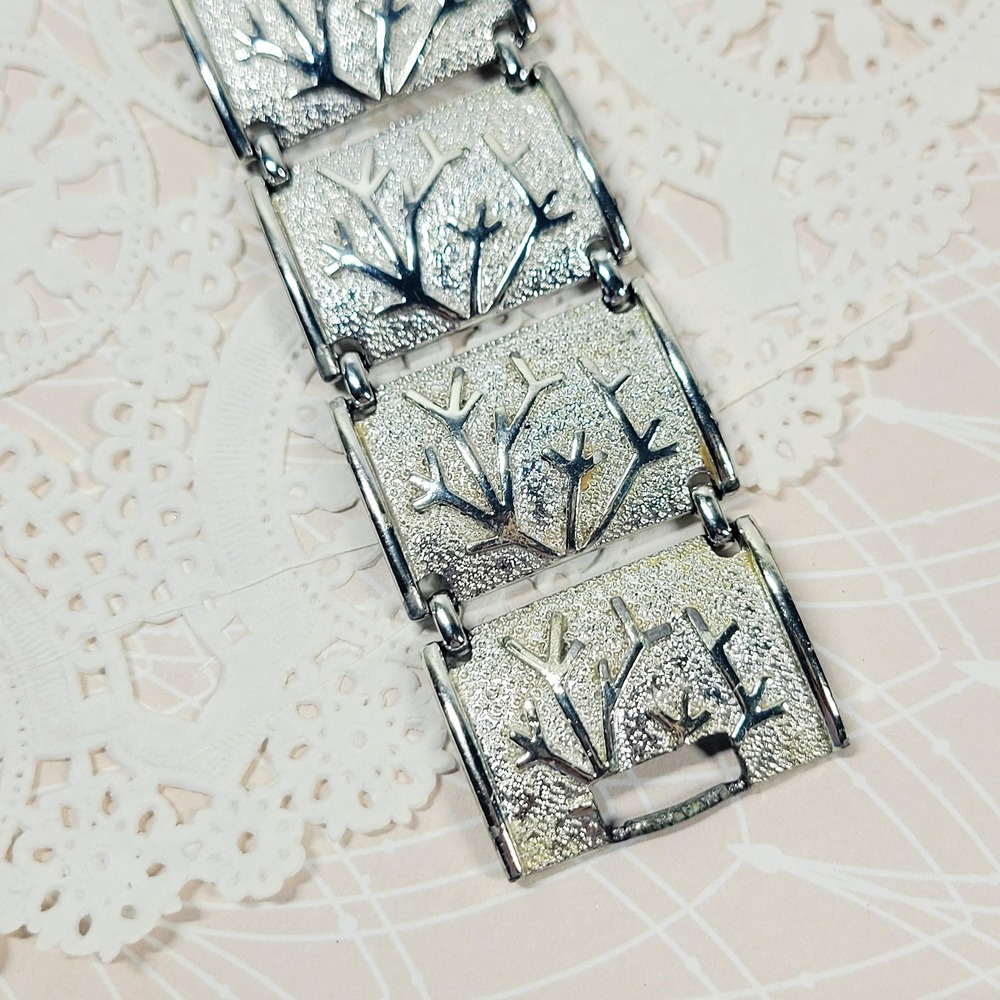 Vintage Coro Silver Tone Panel Bracelet Textured Branch Link Bracelet Signed - Picture 7 of 9